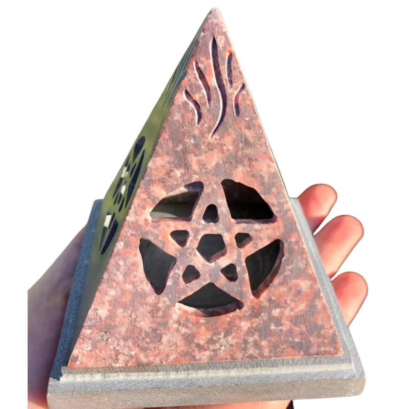 Porta candele e brucia incenso piramide con pentagramma in pietra ollare - 11 cm