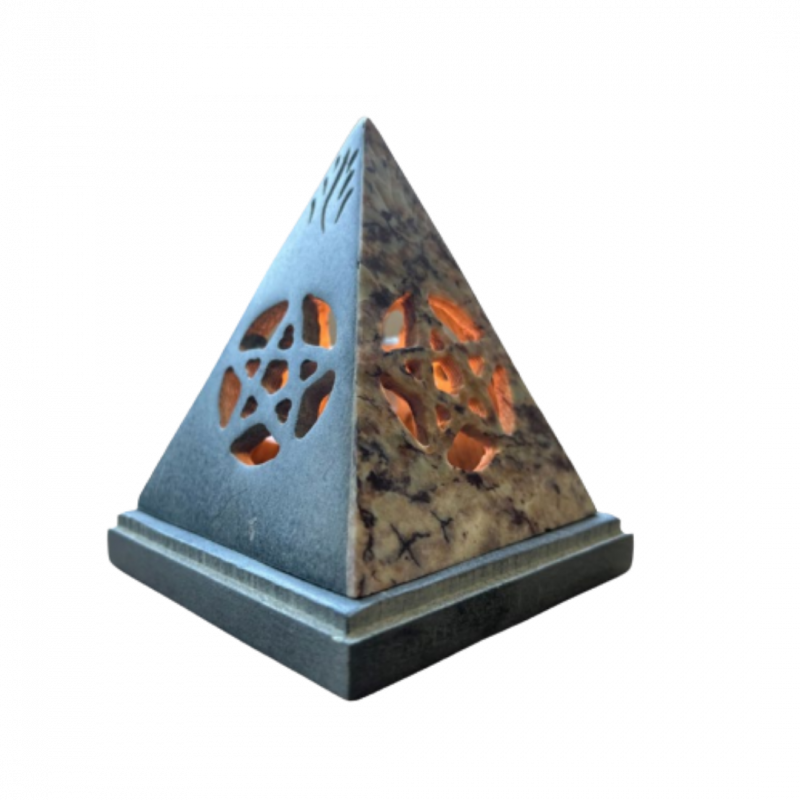 Porta candele e brucia incenso piramide con pentagramma in pietra ollare - 11 cm