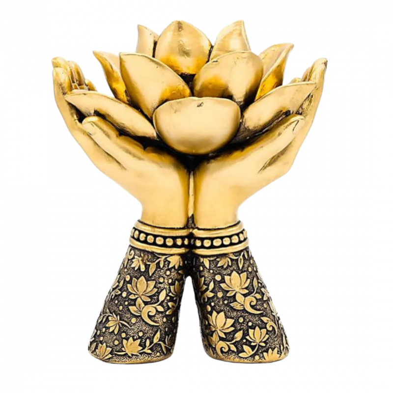 porta lumino mani giunte e fiore di loto color oro in poliresina - 14x17 cm