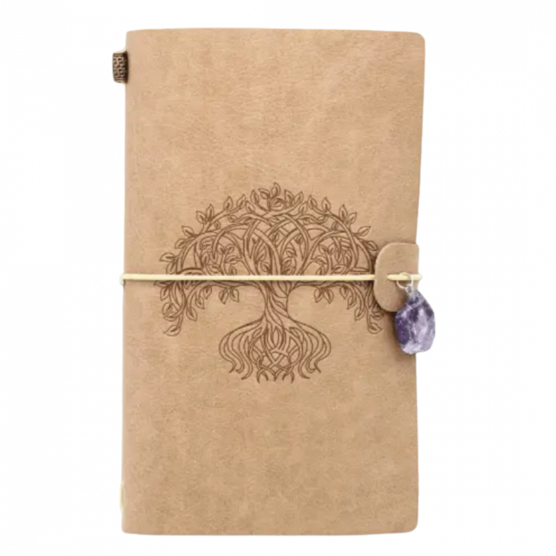 Quaderno in pelle con albero della vita e cristallo - 20 x 10 cm