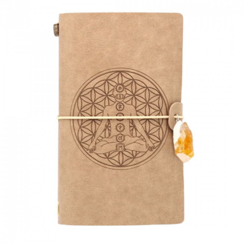 Quaderno in pelle fiore della vita e chakra con cristallo - 20 x 10 cm