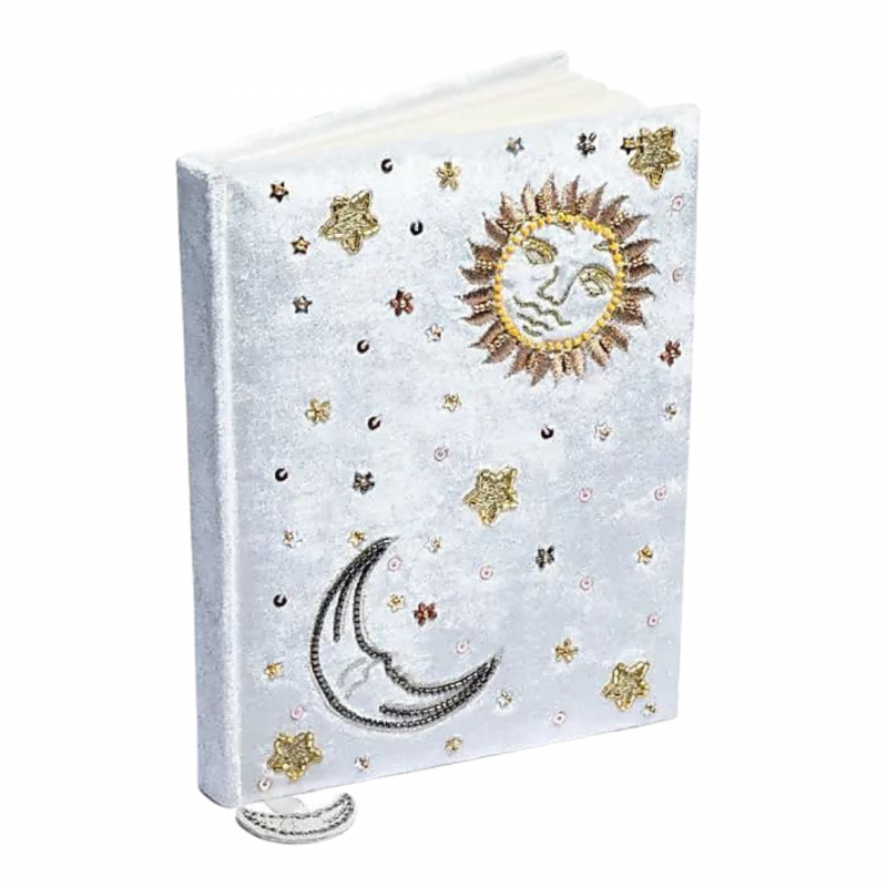 Quaderno in velluto bianco con sole e luna 80 pp - 20x15 cm