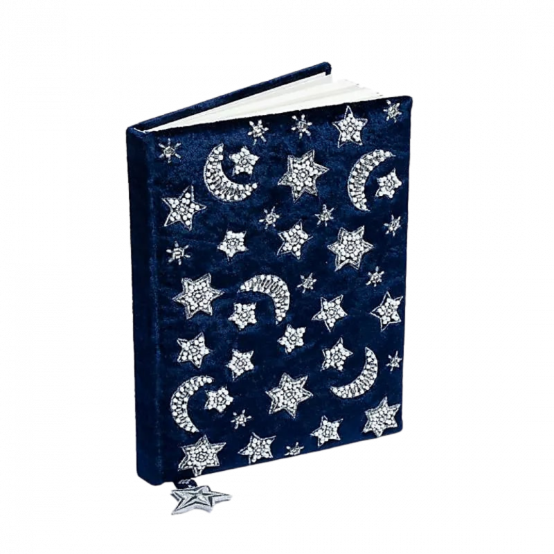 Quaderno in velluto blu con luna e stelle 80 pp - 20x15 cm