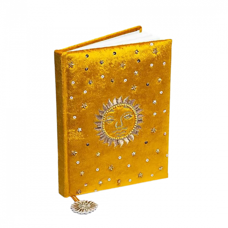 Quaderno in velluto ocra con sole 80 pp - 20x15 cm