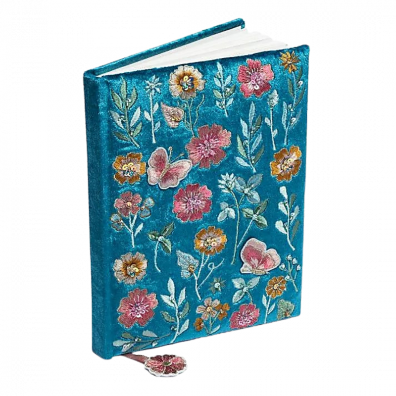 Quaderno in velluto turchese con fiori 80 pp - 20x15 cm