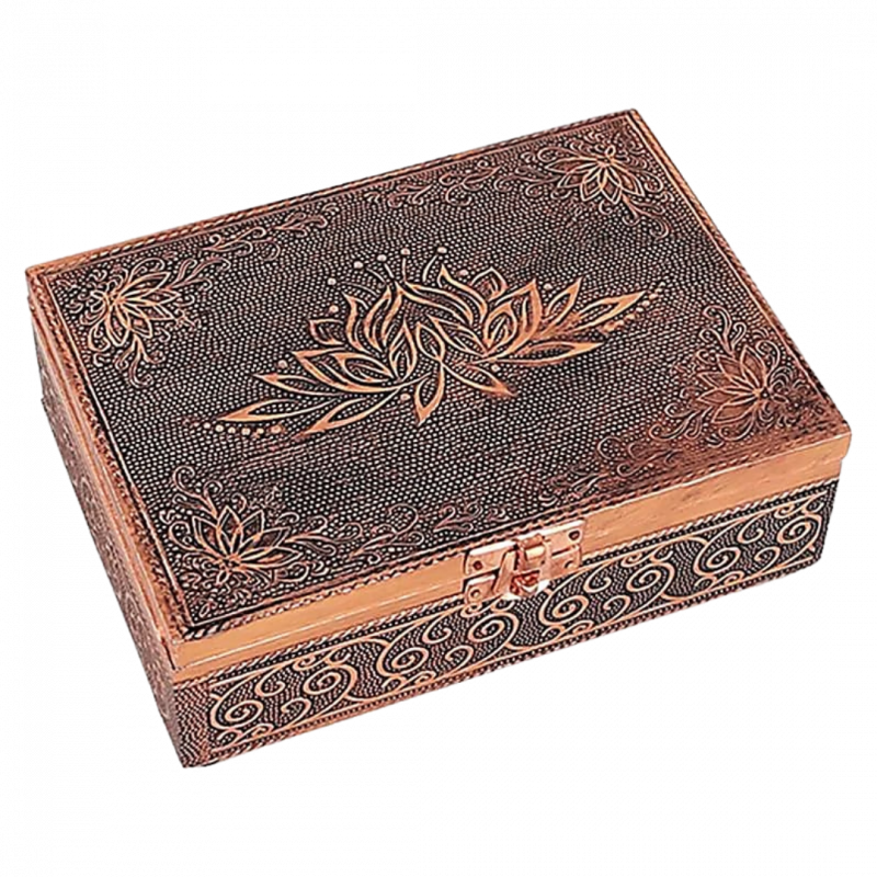 Scatola fiore di loto rivestita in alluminio goffrato color rame - 18x13x6 cm