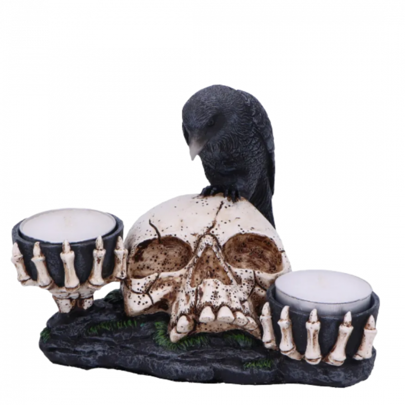 Statua porta lumino corvo con teschio - 15 cm